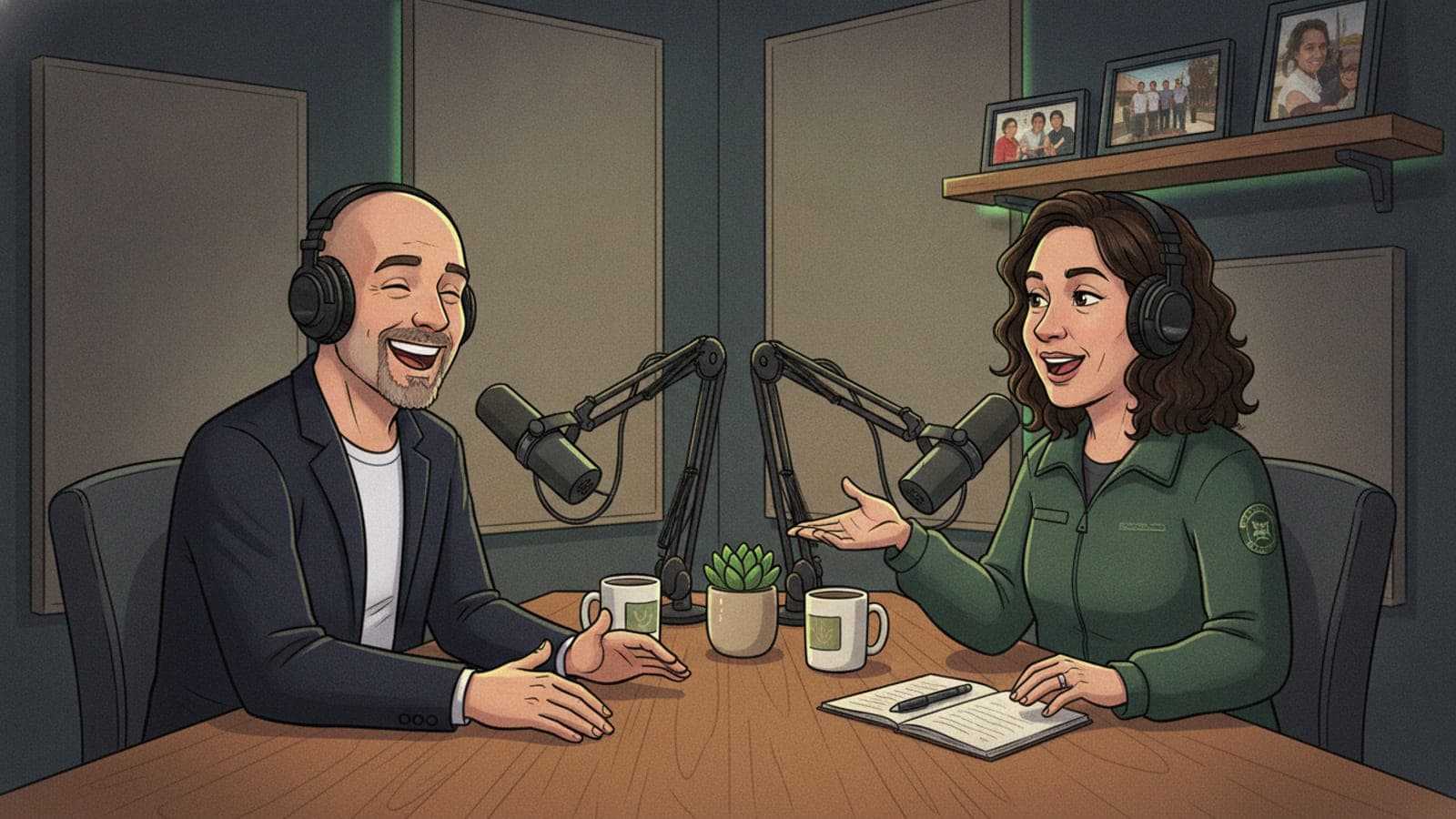 Illustration of Matt Angerer interviewing a nonprofit leader in the podcast studio
