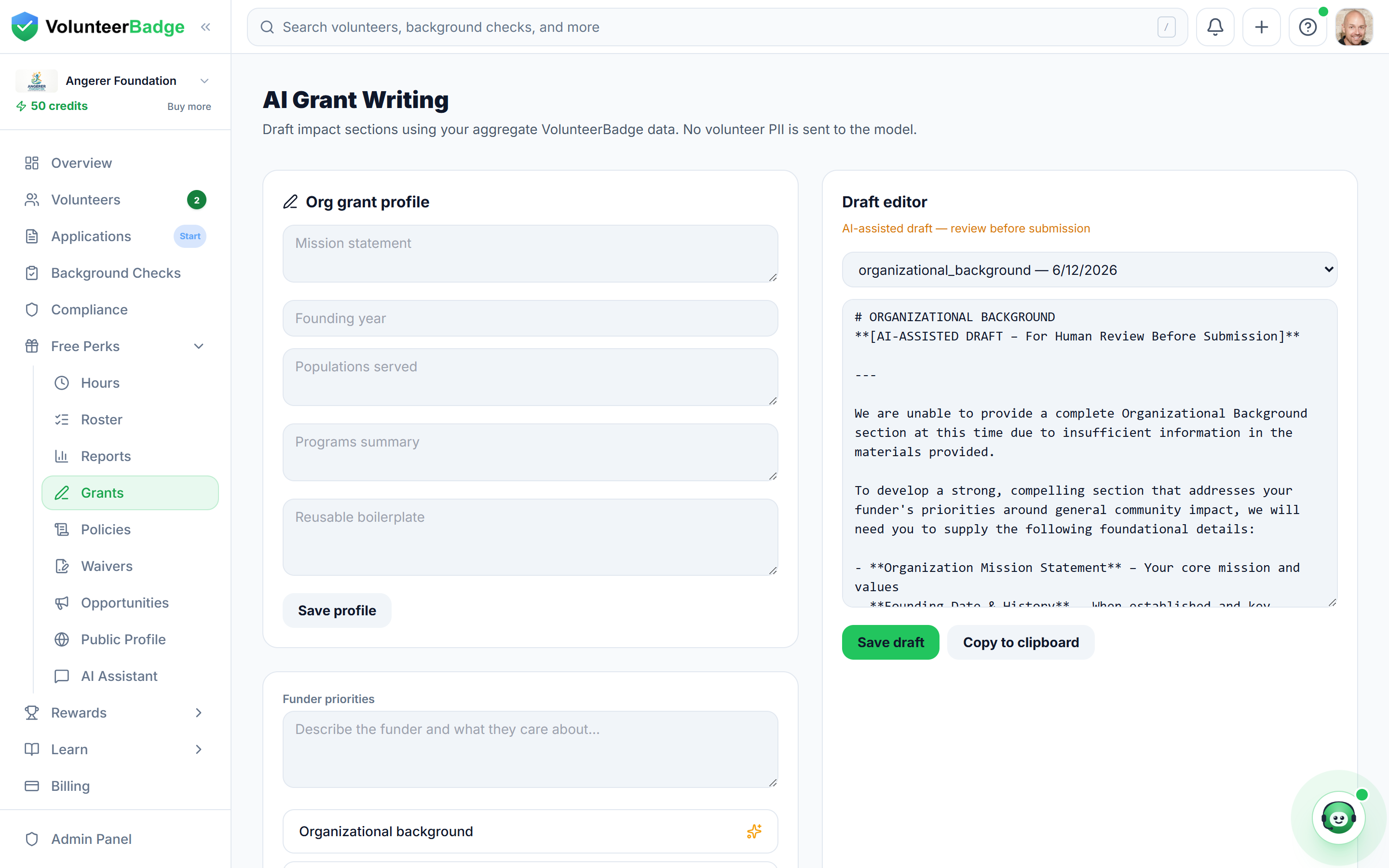 Grants — AI grant writing plus corporate volunteer-grant capture.
