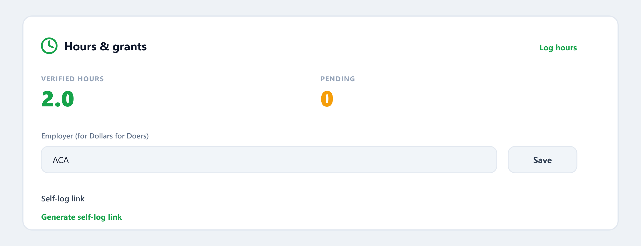 The Hours & grants section as it appears on a volunteer — this is what gets hidden.