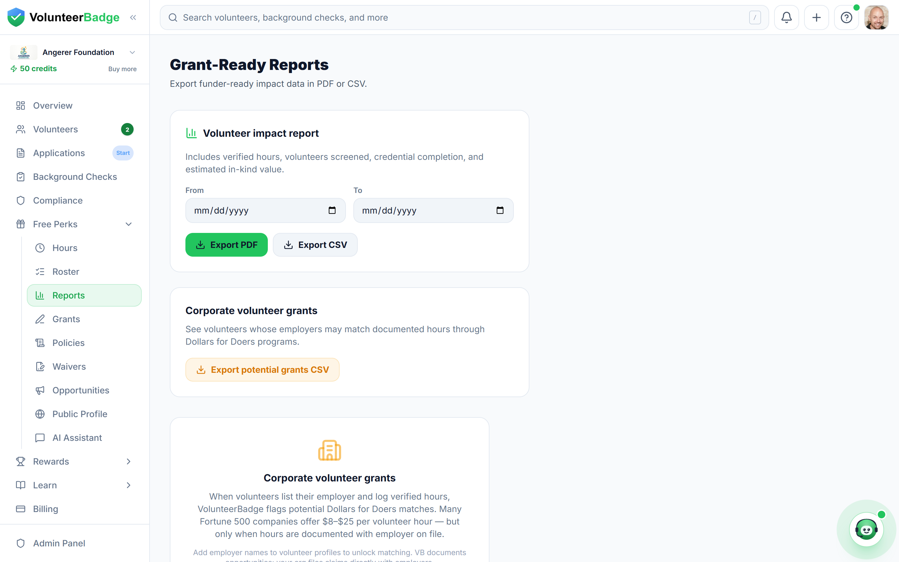 Reports — grant-ready exports of hours, in-kind value, and screening completion.