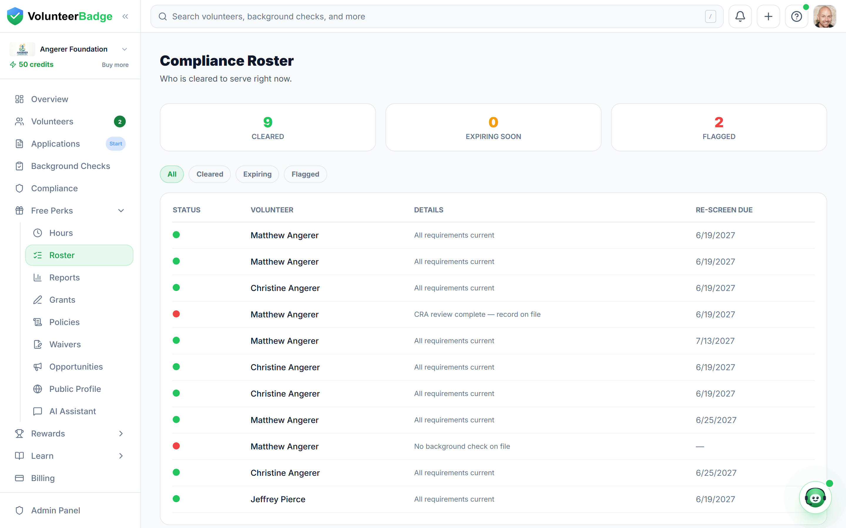 Roster — the Training column shows assigned, completed, and approved courses at a glance.