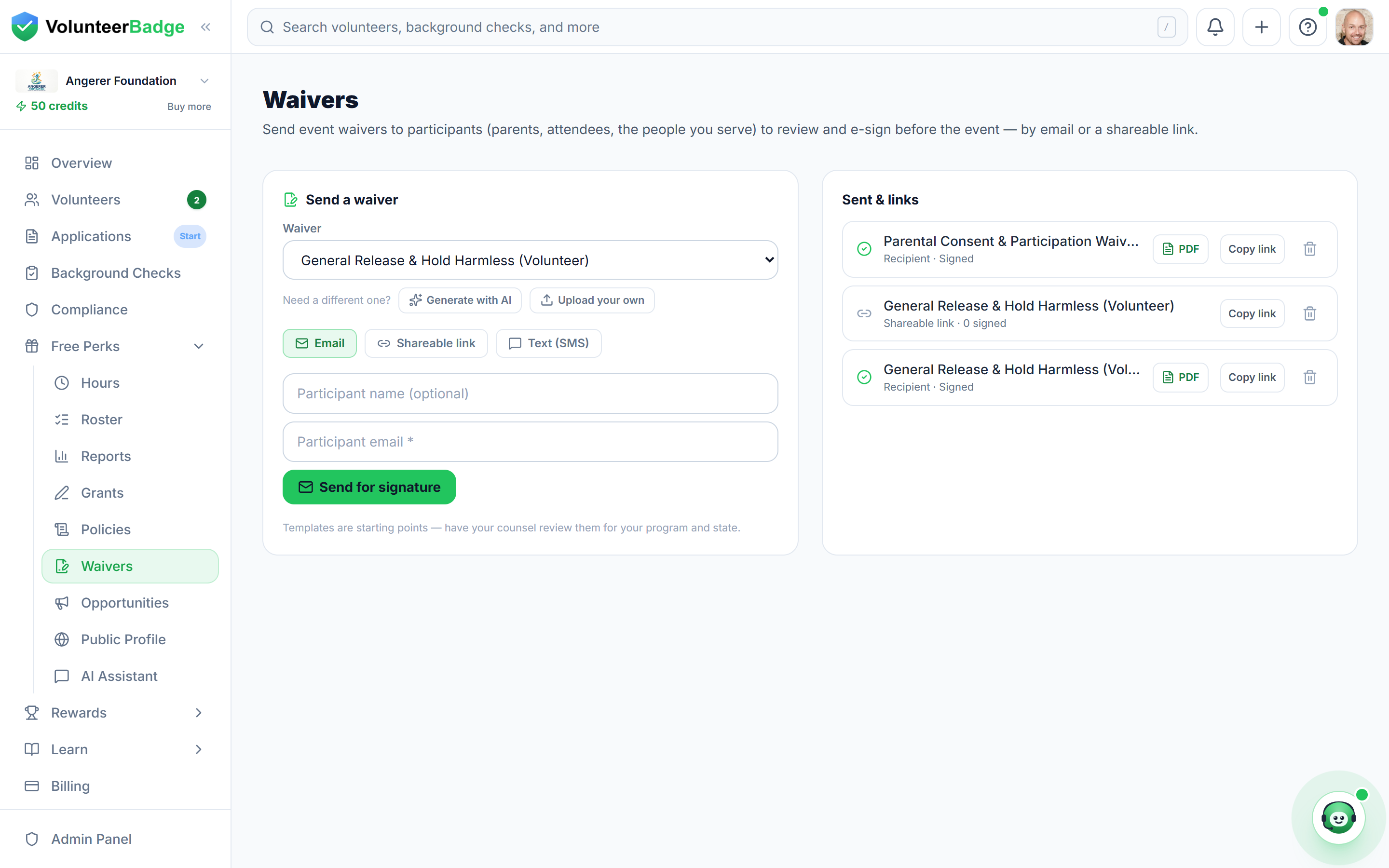 Participant waivers (e-signature)
